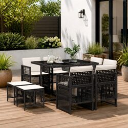 9 Piece Garden Dining Set Black Poly Rattan Outdoor Patio Furniture with