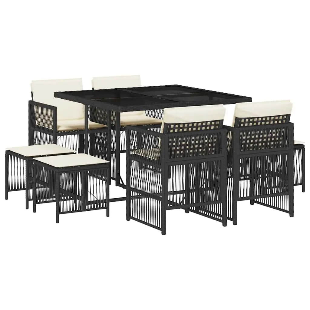9 Piece Garden Dining Set Black Poly Rattan Outdoor Patio Furniture with
