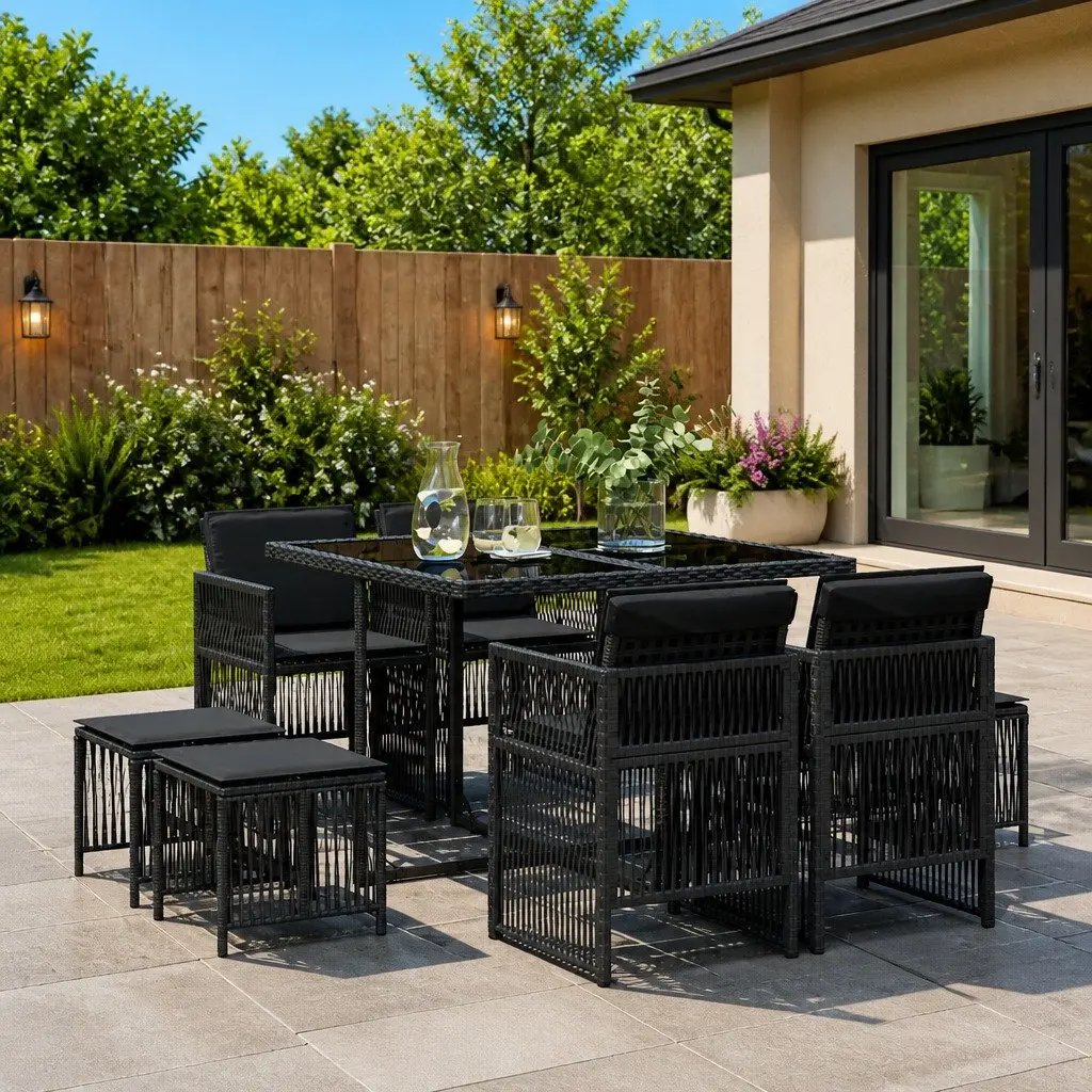 Garden Dining Set Black 9 Piece Poly Rattan Outdoor Furniture with Cushions