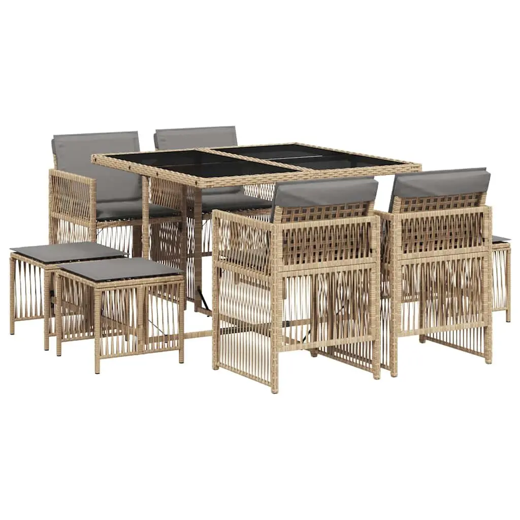 Garden Dining Set Beige 9 Piece Outdoor Furniture Poly Rattan Table Chairs