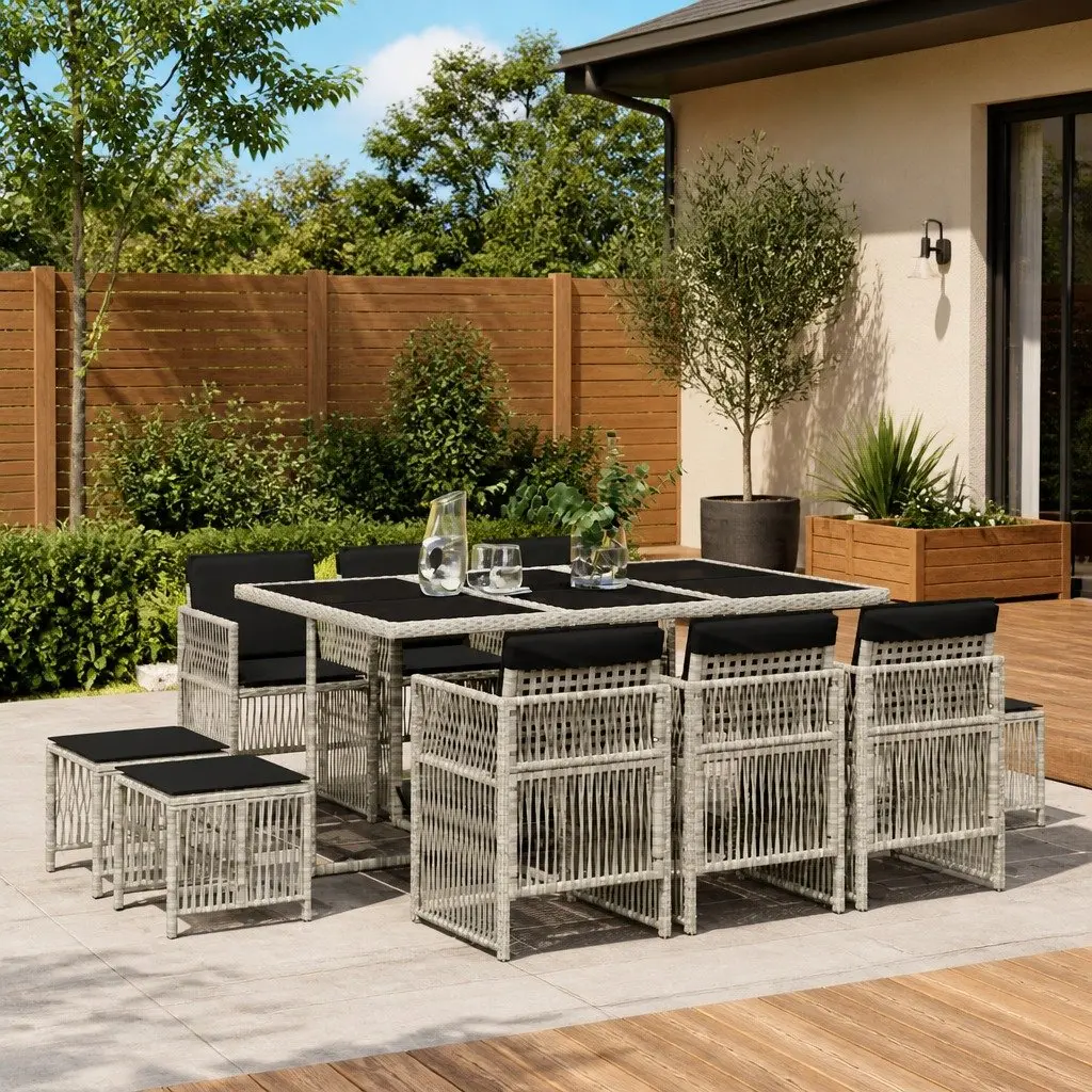 Garden Dining Set 11 Piece Outdoor Patio Furniture Grey Poly Rattan Cushions