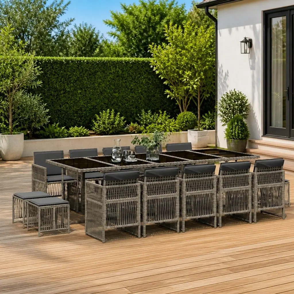Garden Dining Set Grey 15 Piece Outdoor Furniture Poly Rattan with Cushions