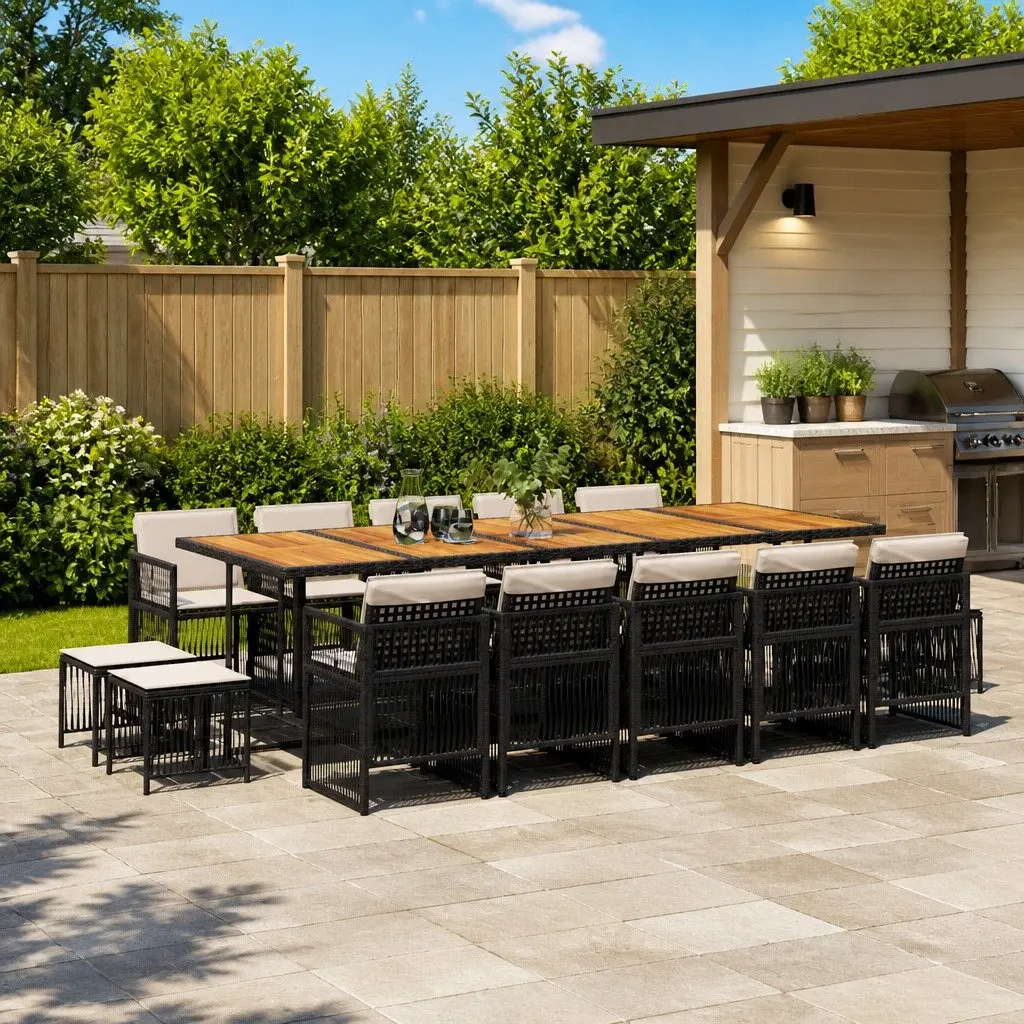 Outdoor Dining Set 15 Piece Garden Furniture with Cushions Black Poly Rattan