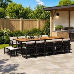 Outdoor Dining Set 15 Piece Garden Furniture with Cushions Black Poly Rattan
