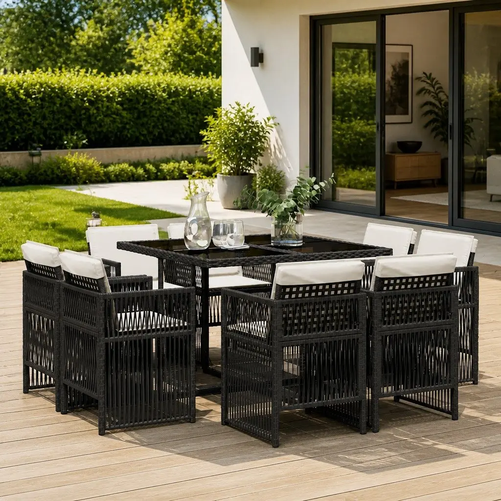 9 Piece Outdoor Garden Dining Set Black PE Rattan Chairs Table Cushions