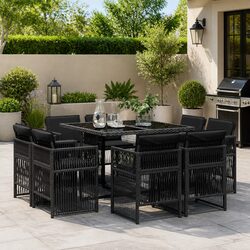9 Piece Outdoor Dining Set Black Poly Rattan Garden Patio Furniture with