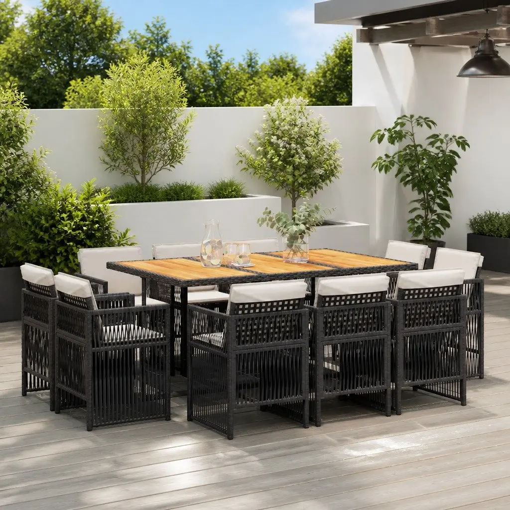 11 Piece Garden Dining Set Black PE Rattan with Cushions and Acacia Wood Tabletop