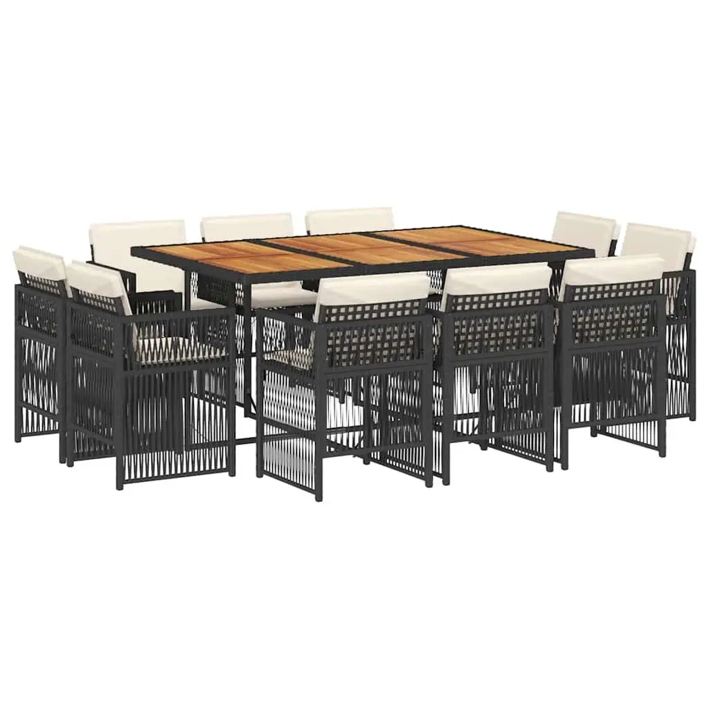 11 Piece Garden Dining Set Black PE Rattan with Cushions and Acacia Wood Tabletop