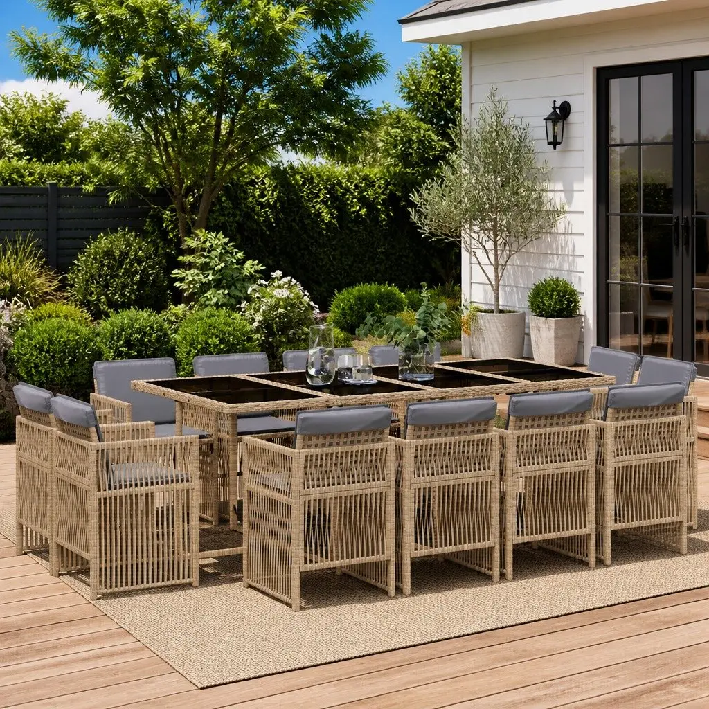 Garden Dining Set Beige 13 Piece Outdoor Furniture Patio Poly Rattan with Tempered Glass Table and Thickly Padded Cushions