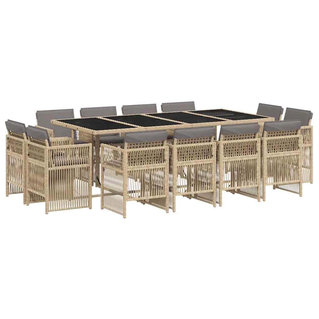 Garden Dining Set Beige 13 Piece Outdoor Furniture Patio Poly Rattan with Tempered Glass Table and Thickly Padded Cushions
