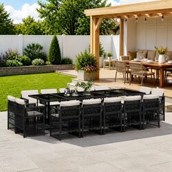 15 Piece Outdoor Dining Set with Black Poly Rattan Chairs