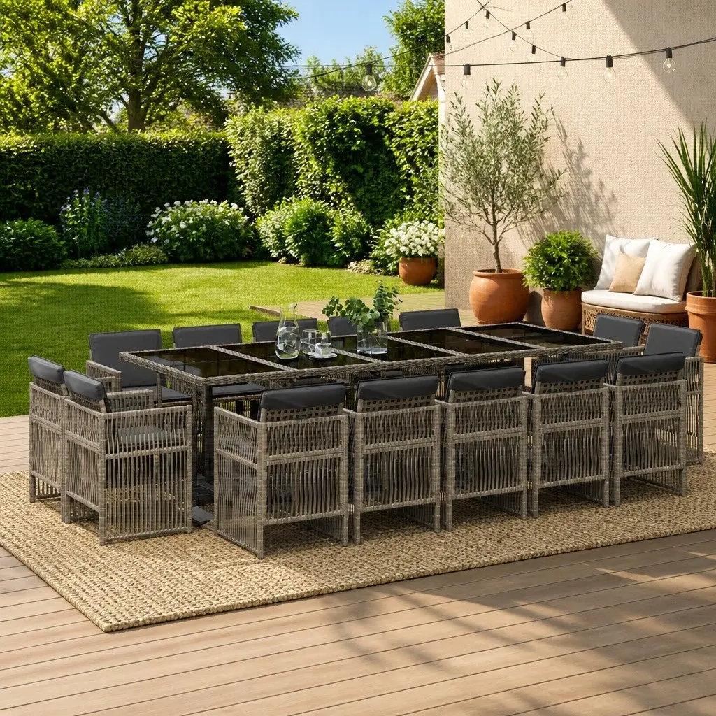 Garden Dining Set Grey 15 Piece Poly Rattan Outdoor Furniture Table Chairs