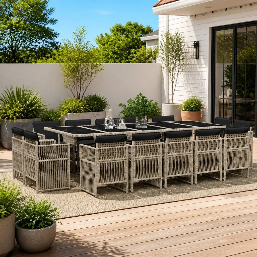 Garden Dining Set Grey 15 Piece Outdoor Furniture Cushioned Patio