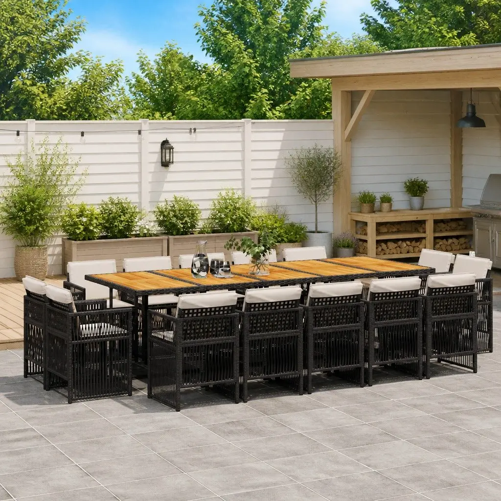 Garden Dining Set 15 Piece Black Poly Rattan Outdoor Furniture with Cushions