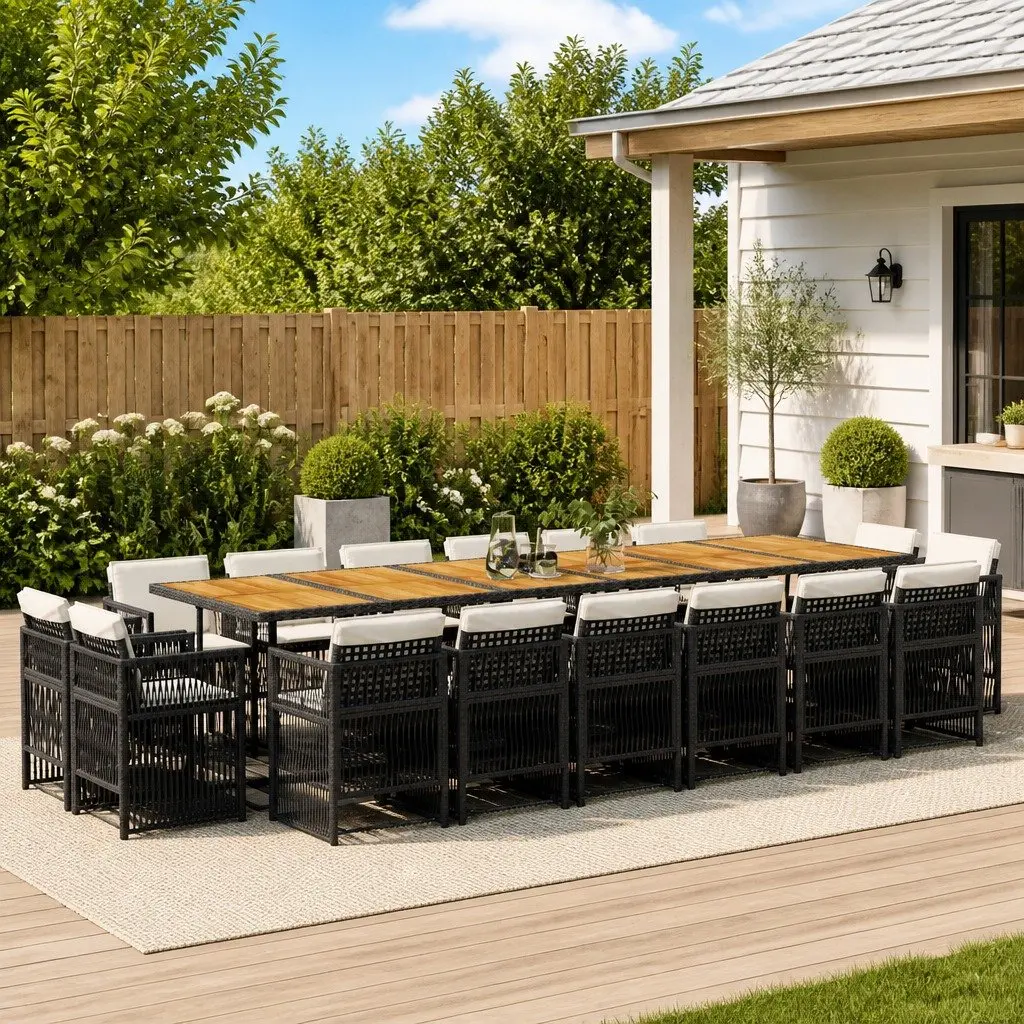 Garden Dining Set 17 Piece Outdoor Furniture Black Poly Rattan Chairs Table