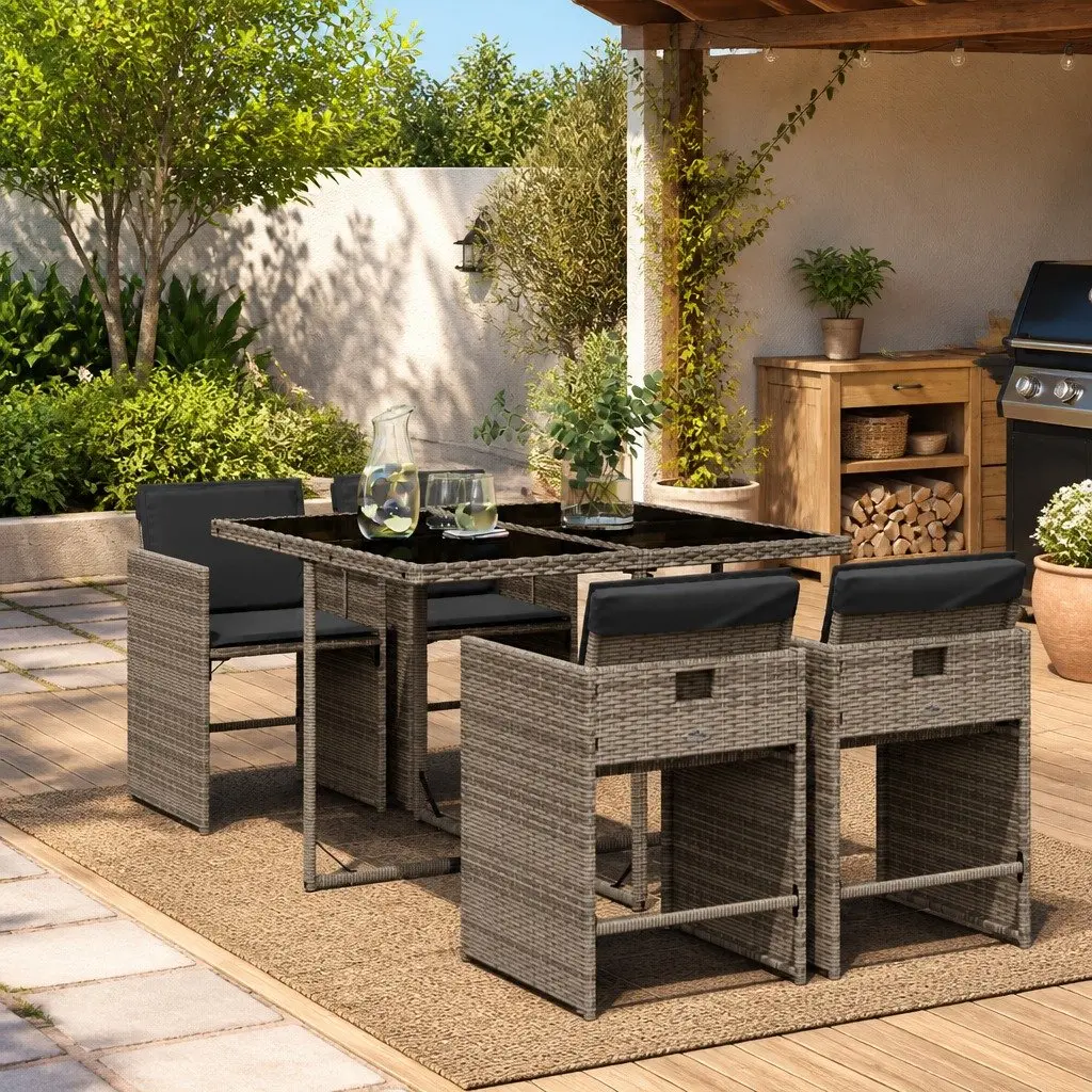 5 Piece Outdoor Dining Set Grey Poly Rattan Chairs Table Patio Garden Furniture