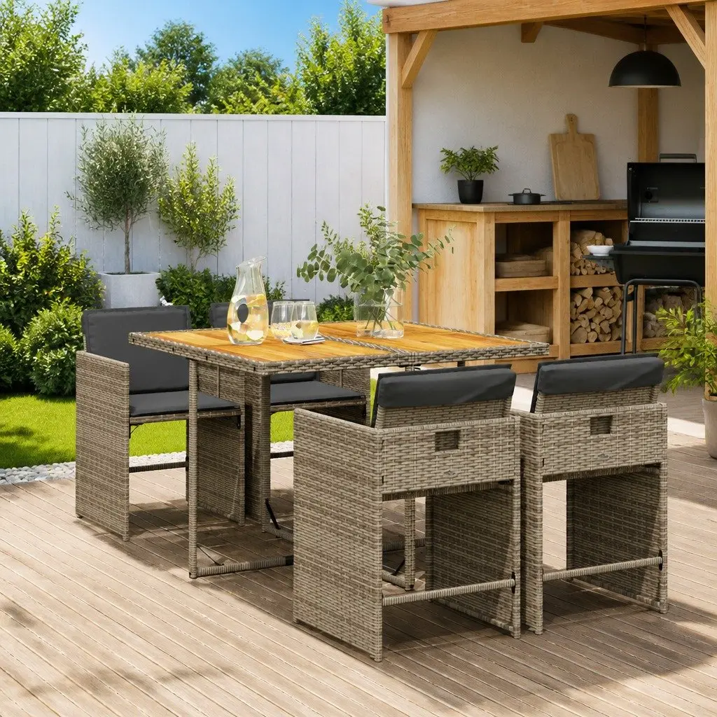 Grey Poly Rattan 5 Piece Outdoor Garden Dining Set with Padded Cushions