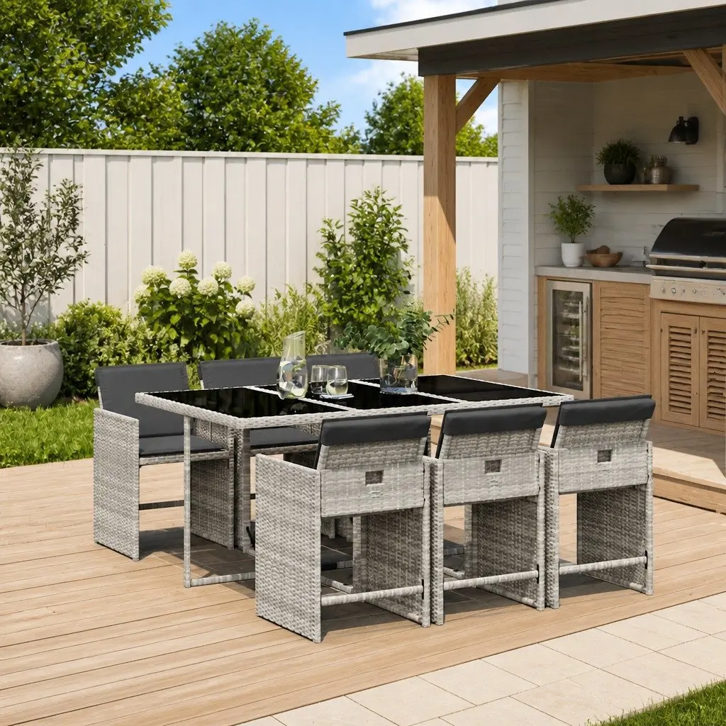 7 Piece Garden Dining Set Grey PE Rattan Cushions Outdoor Patio Furniture