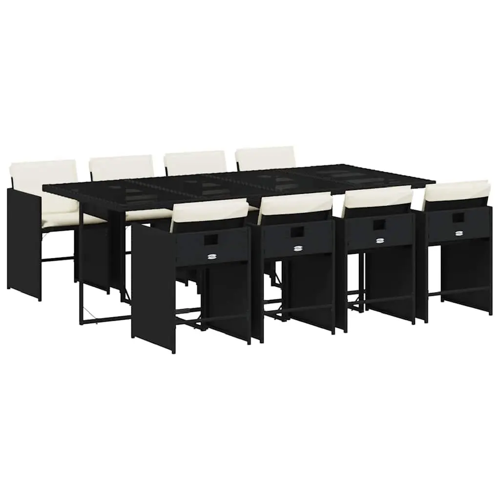 9 Piece Outdoor Garden Dining Set Black Table with Tempered Glass Top and Cushions