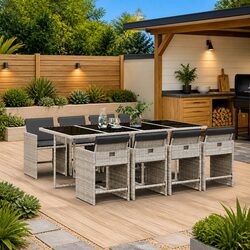 Concise 9 Piece Outdoor Dining Set with Grey Rattan