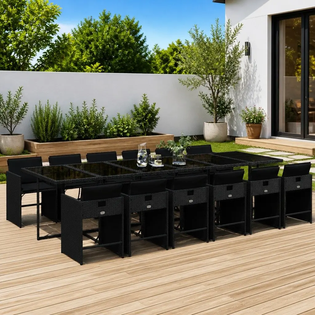 13 Piece Outdoor Dining Set Black PE Rattan Garden Patio Furniture with Foldable Chairs and Tempered Glass Tabletop