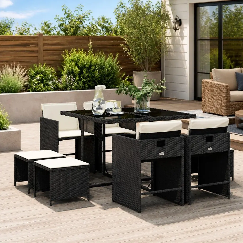Garden Dining Set Black 9 Piece Outdoor Furniture Table Chairs Cushions Poly Rattan
