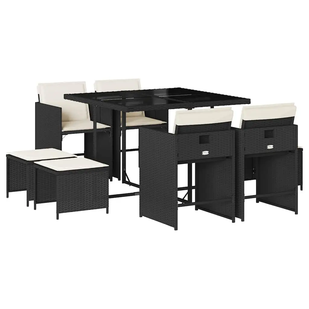 Garden Dining Set Black 9 Piece Outdoor Furniture Table Chairs Cushions Poly Rattan