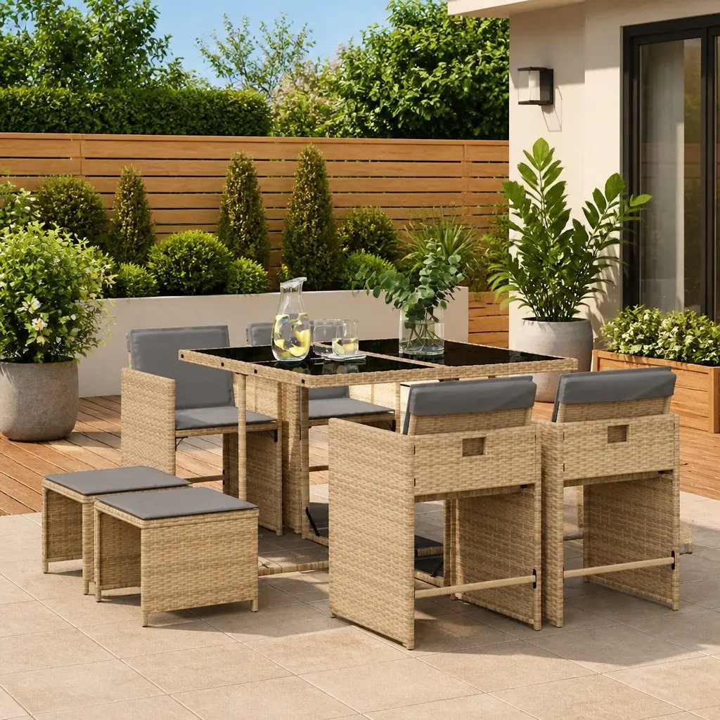 Garden Dining Set Beige 9 Piece Outdoor Furniture Patio Table Chairs Cushions