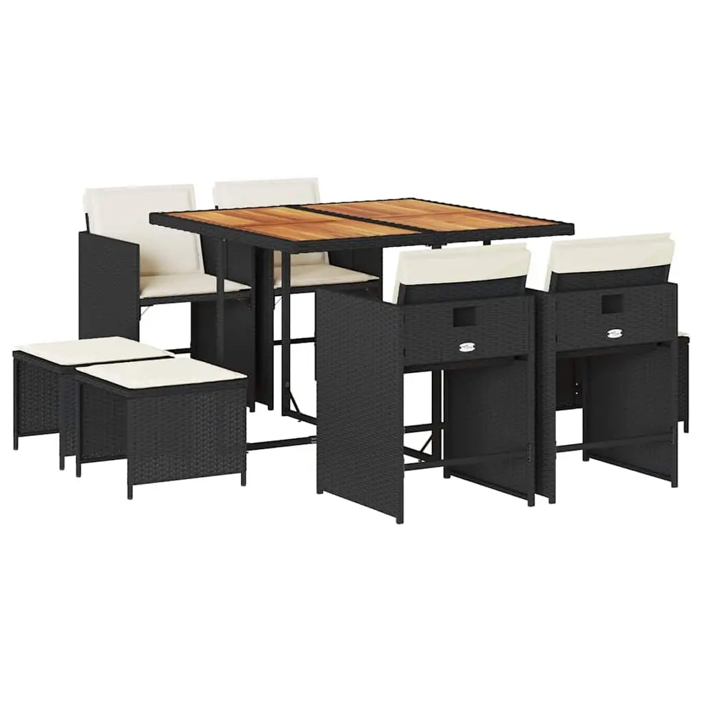 Outdoor Garden Dining Set Black 9 Piece PE Rattan Chairs Table Cushions