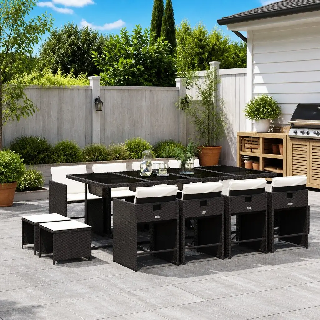 Garden Dining Set Black 13 Pieces Outdoor Furniture PE Rattan Cushioned Seating