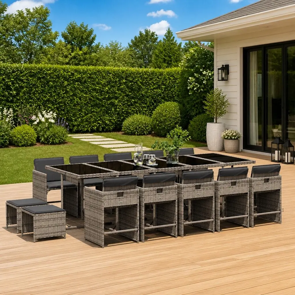 Garden Dining Set 15 Piece Outdoor Furniture Grey Poly Rattan Chairs Table