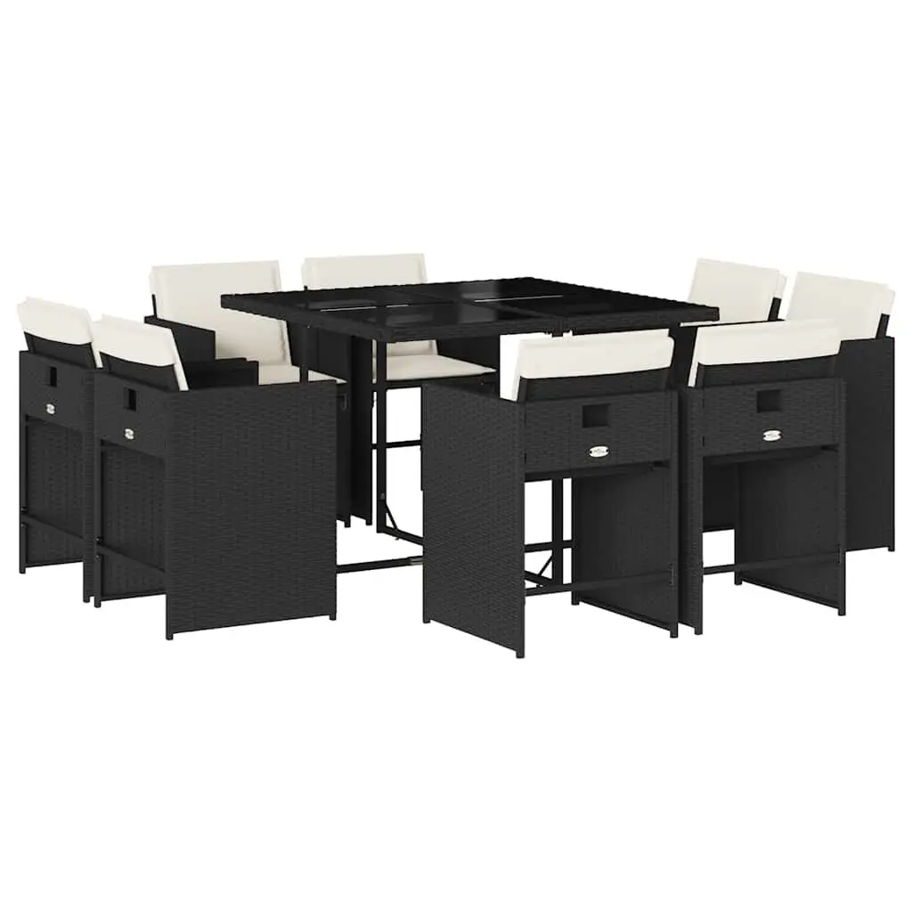 Garden Dining Set Black 9 Piece Outdoor Furniture Table with Tempered Glass Top and Cushions
