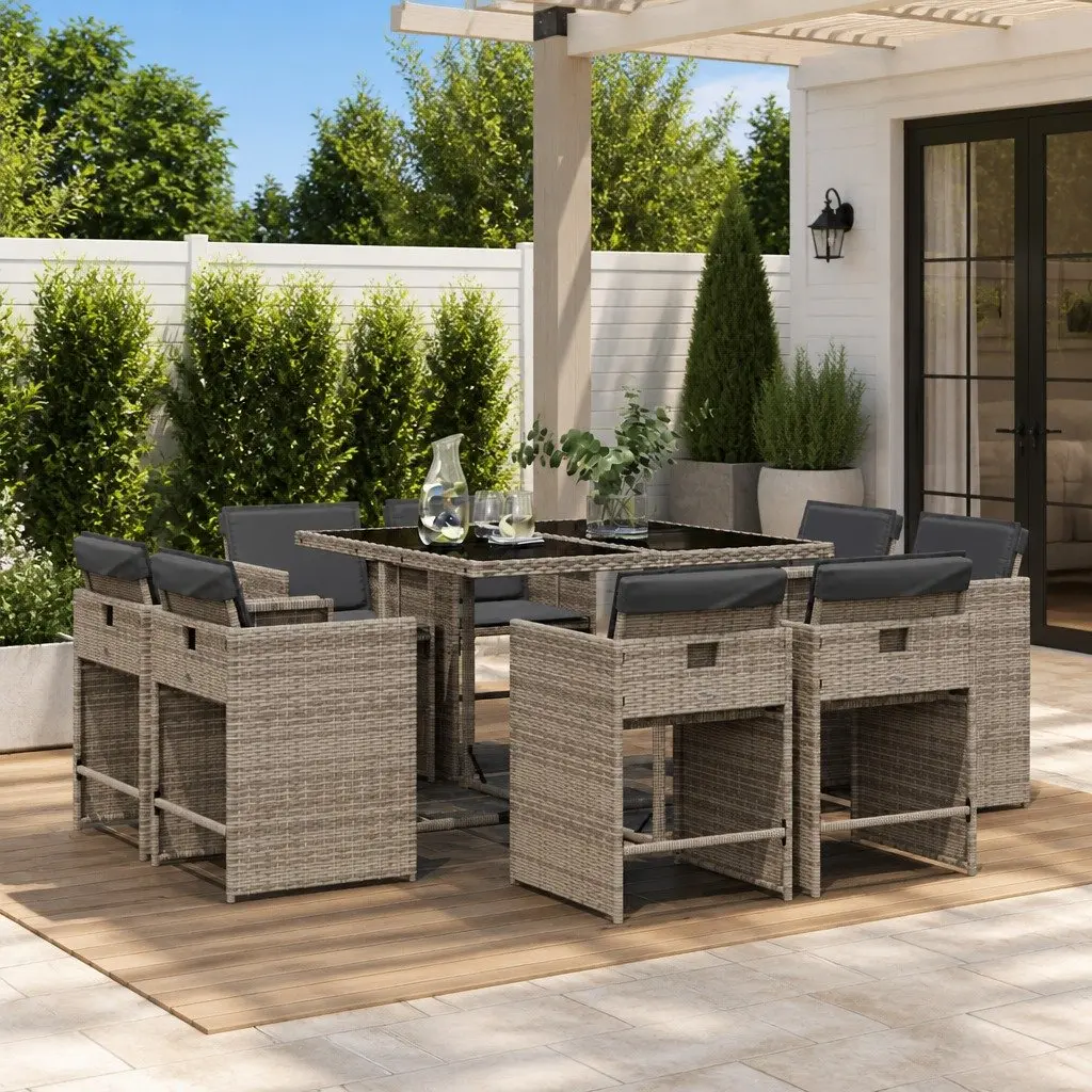 Garden Dining Set 9 Piece Outdoor Furniture Grey Poly Rattan Chairs Table Patio
