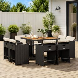 Concise 9 Piece Outdoor Dining Set: Rattan & Wood
