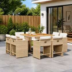 Stylish 9 Piece Garden Dining Set with Beige Cushions