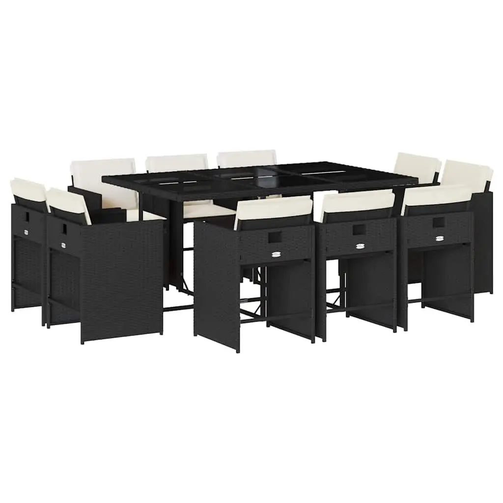 Outdoor Garden Dining Set Black 11 Piece Poly Rattan Table Chairs with Cushions