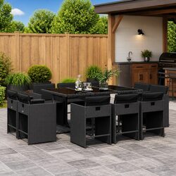 11 Piece Outdoor Dining Set Black Poly Rattan Table Chairs Cushions Patio