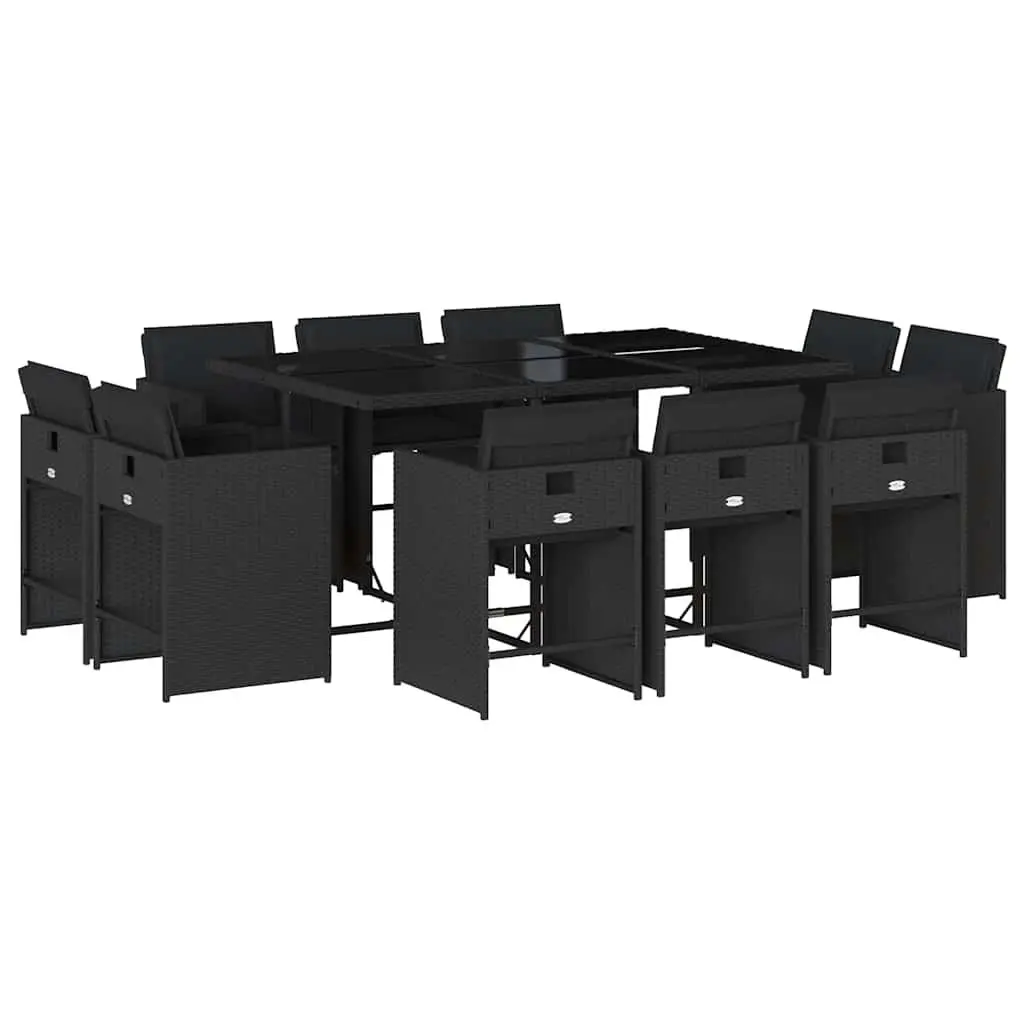 11 Piece Outdoor Dining Set Black PE Rattan Table with Tempered Glass Top and Cushioned Folding Chairs for Patio