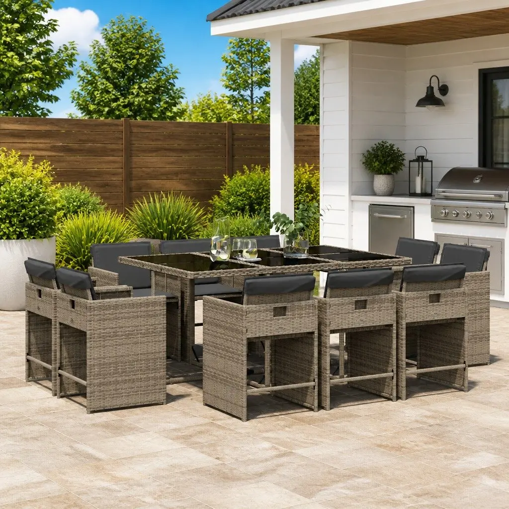 Garden Dining Set 11 Piece Outdoor Furniture Grey Poly Rattan with Cushions