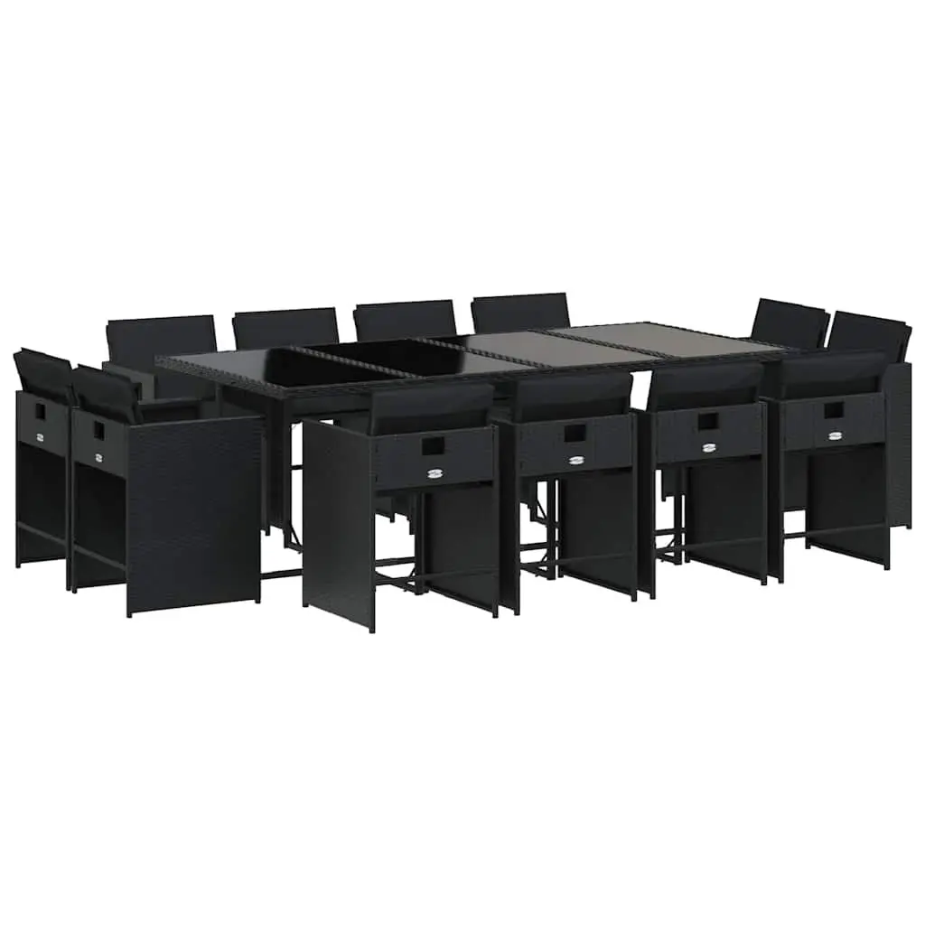 13 Piece Outdoor Dining Set Black Poly Rattan Furniture with Cushions Foldable Chair Backrests Tempered Glass Tabletop