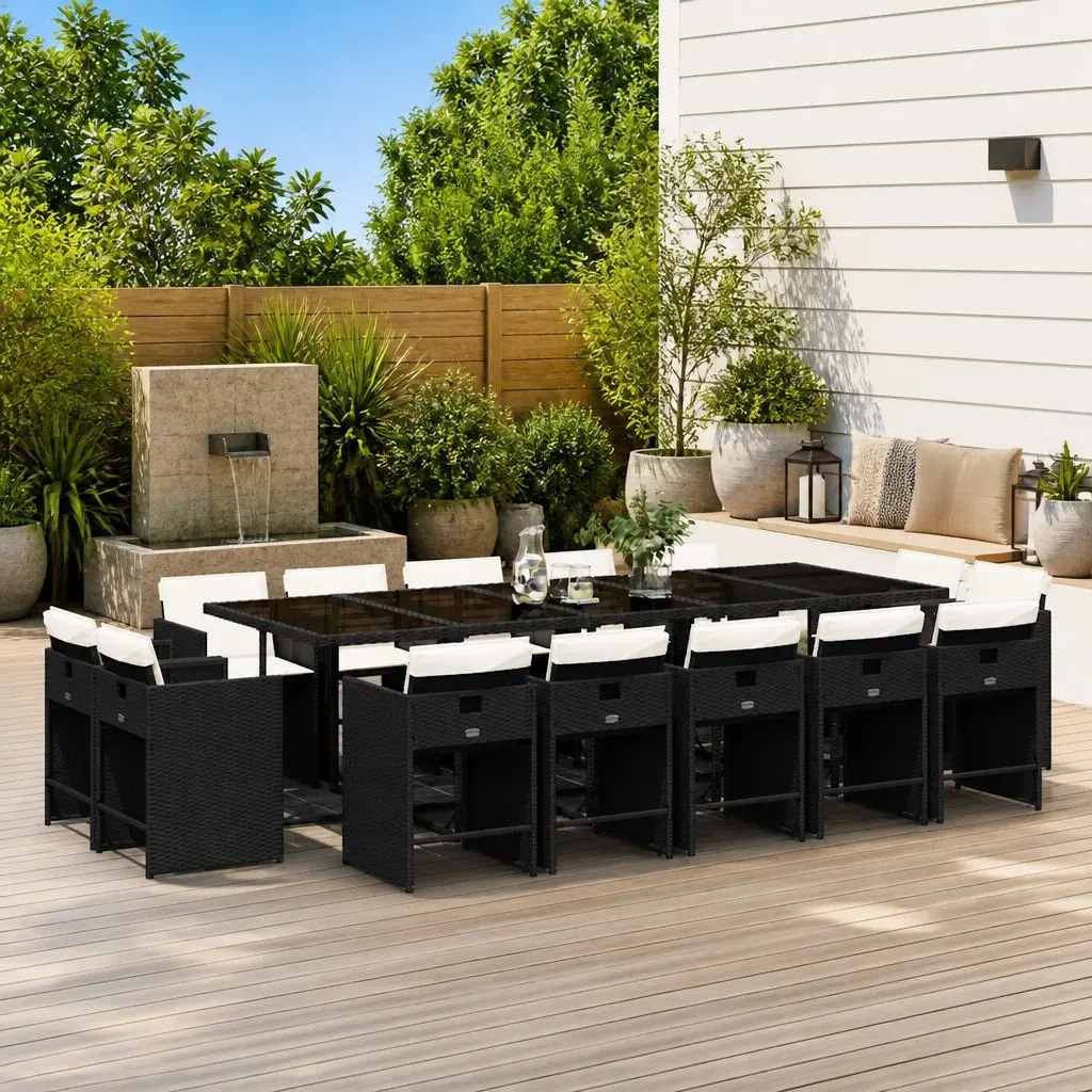 Garden Dining Set 15 Piece Outdoor Furniture Black Poly Rattan Chairs Table