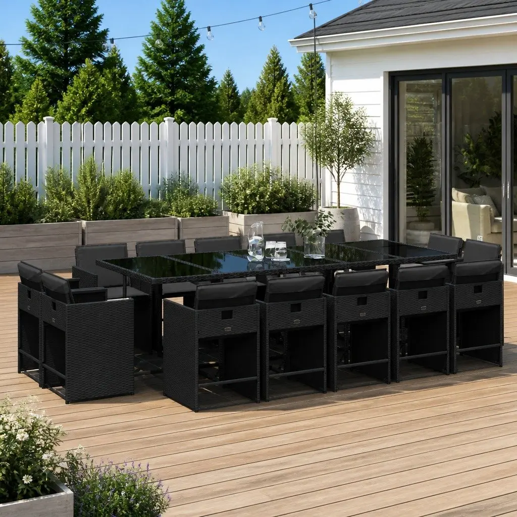 Garden Dining Set 15 Piece Outdoor Furniture Black Poly Rattan Chairs Table