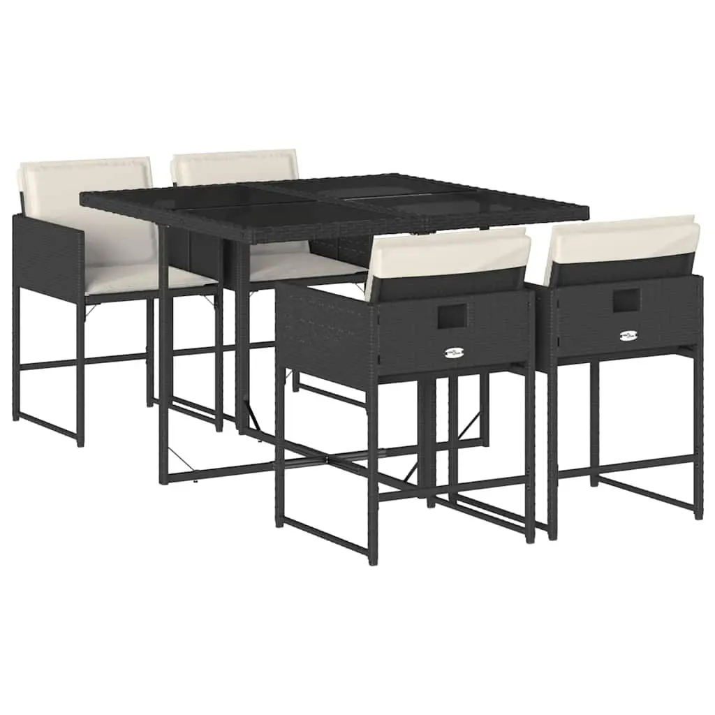 5 Piece Outdoor Dining Set Black Poly Rattan Chairs Glass Table Folding Backrests
