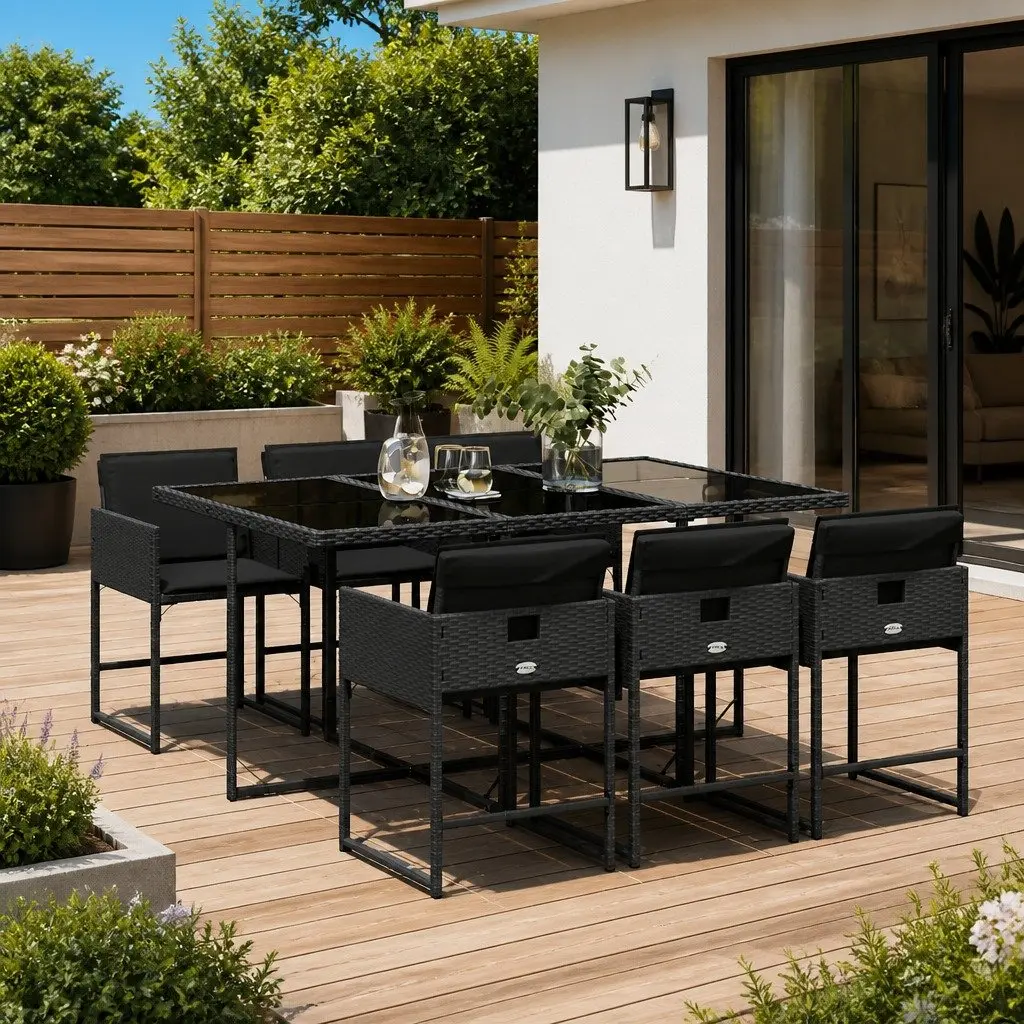 7 Piece Outdoor Garden Dining Set Black Poly Rattan Cushions Folding Chairs
