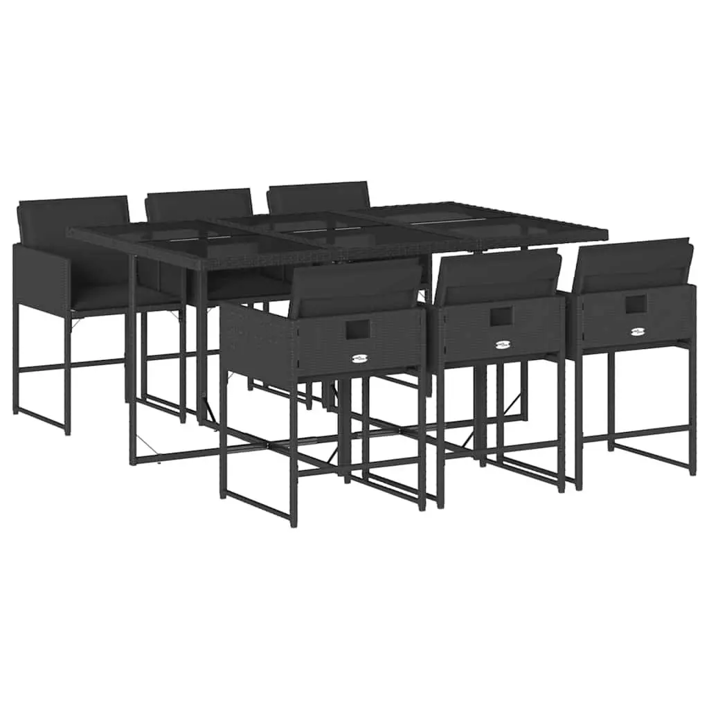 7 Piece Outdoor Garden Dining Set Black Poly Rattan Cushions Folding Chairs