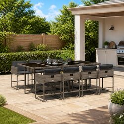 9 Piece Garden Dining Set Grey Poly Rattan Outdoor Furniture with Cushions