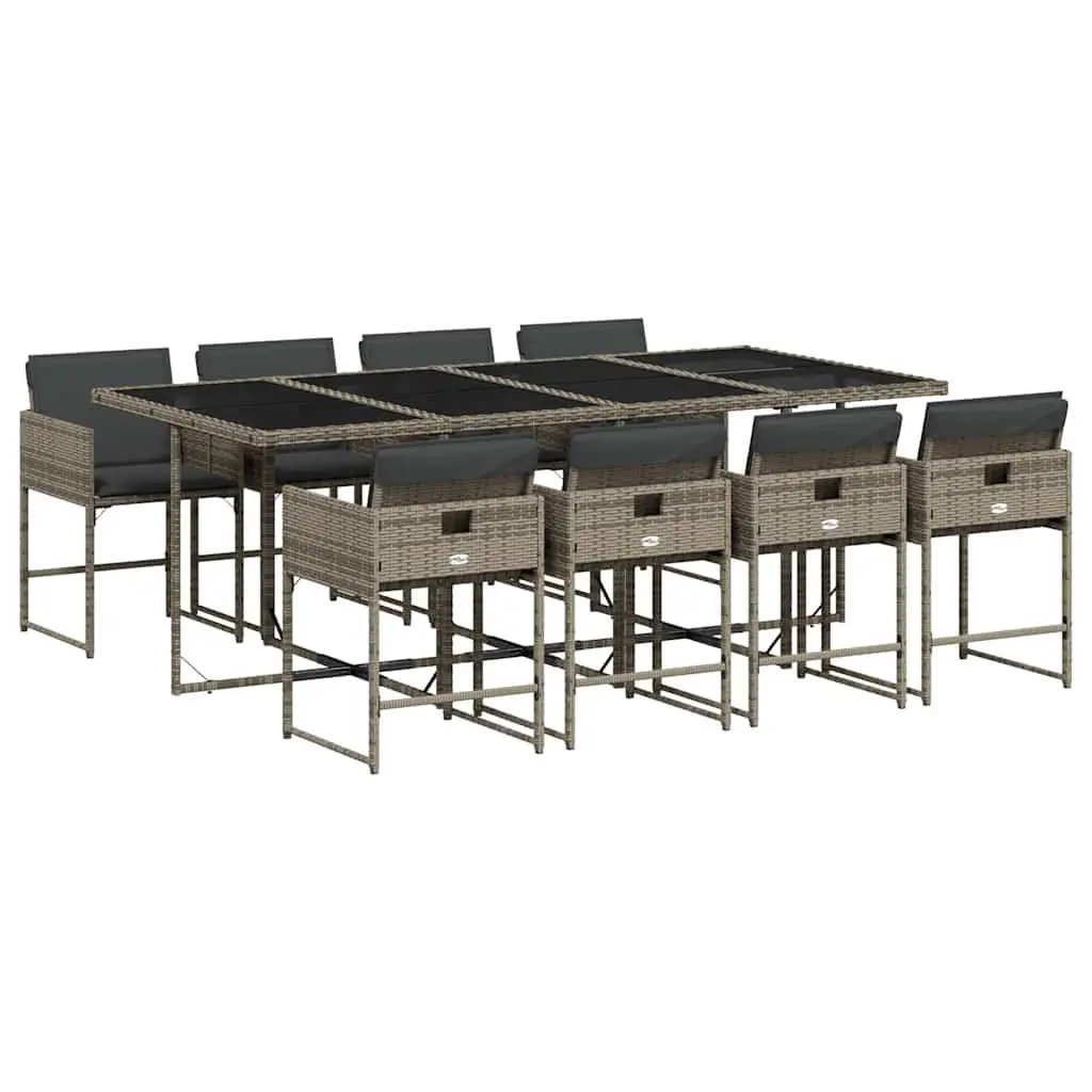 9 Piece Garden Dining Set Grey Poly Rattan Outdoor Furniture with Cushions Foldable Chairs Tempered Glass Tabletop