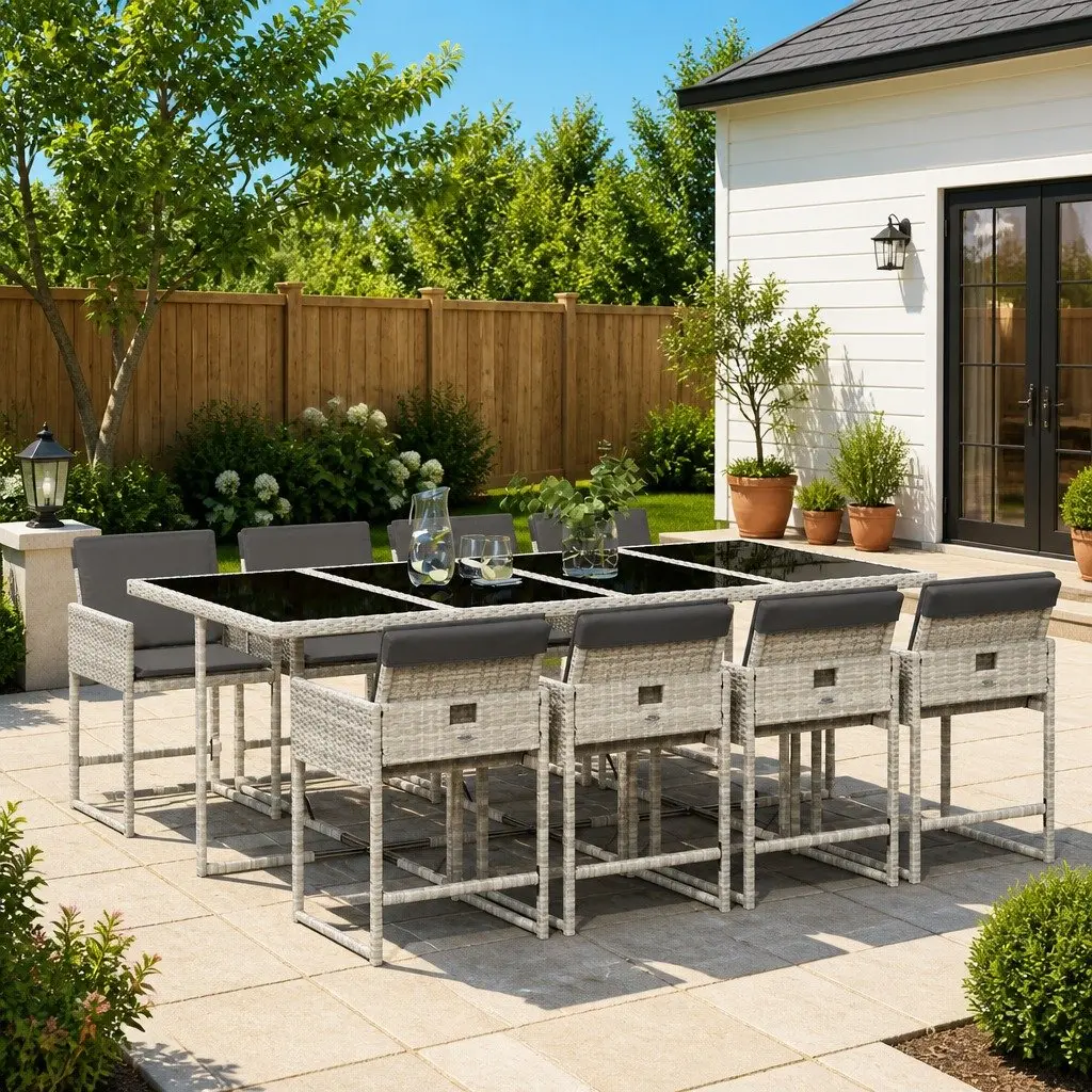 9PieceOutdoorDiningSetGreyPolyRattanTableWithRemovableCushionsFoldingChairs