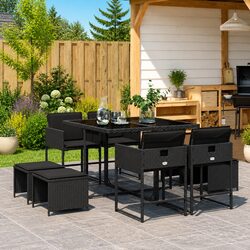 9 Piece Outdoor Dining Set Black Poly Rattan Garden Patio Furniture with
