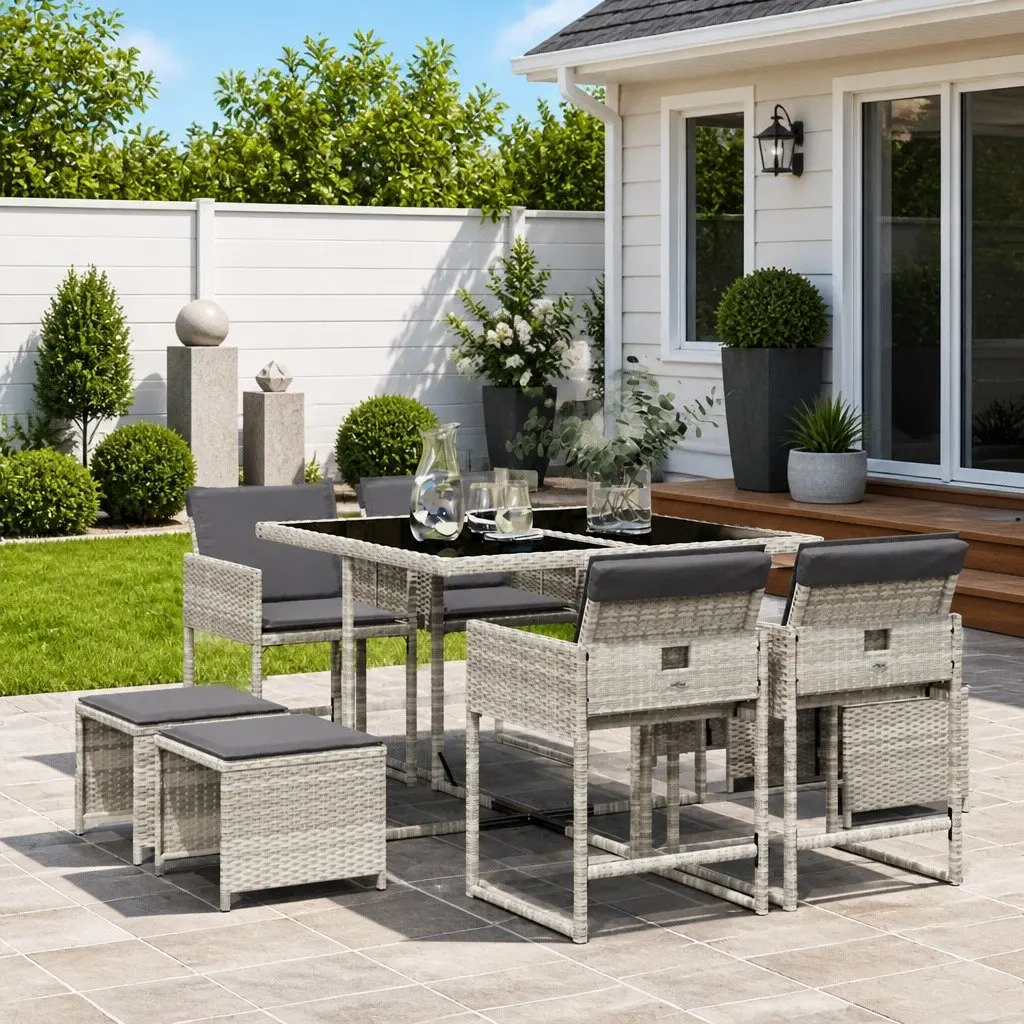 Garden Dining Set 9 Piece Outdoor Furniture Grey Poly Rattan Chairs Table Patio